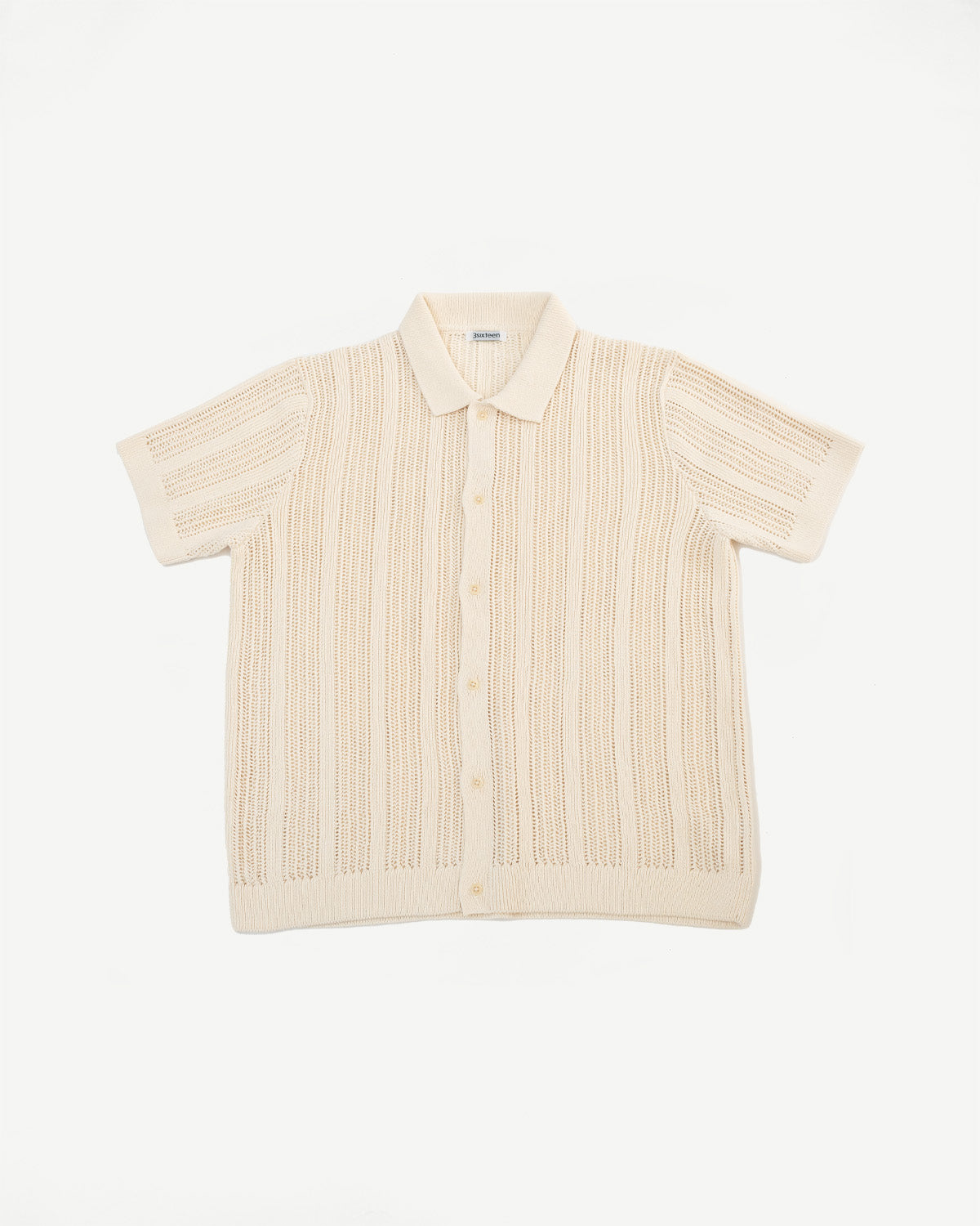 Short Sleeve Mesh Stripe Knit Shirt - Ecru
