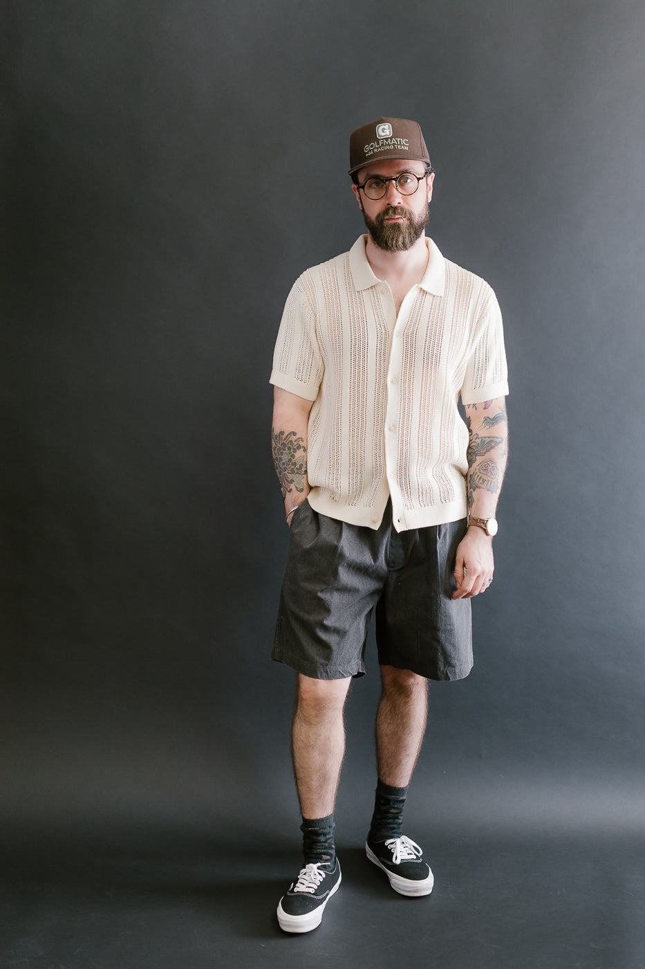 Short Sleeve Mesh Stripe Knit Shirt - Ecru