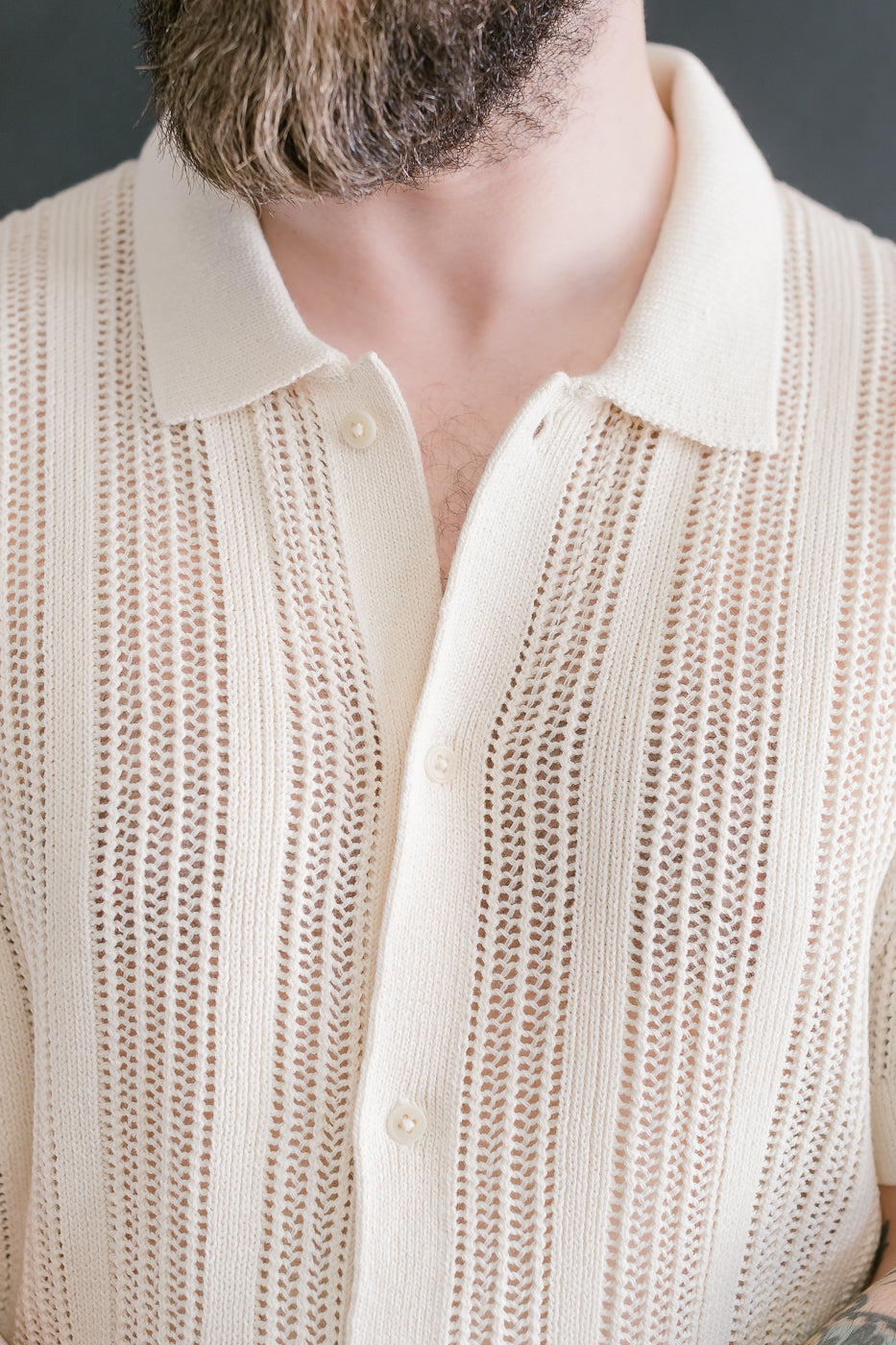 Short Sleeve Mesh Stripe Knit Shirt - Ecru