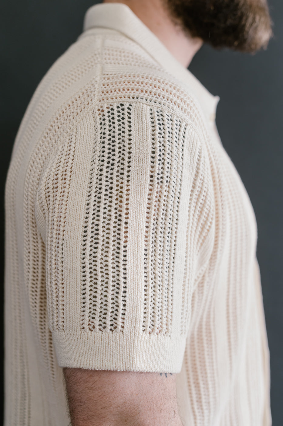 Short Sleeve Mesh Stripe Knit Shirt - Ecru