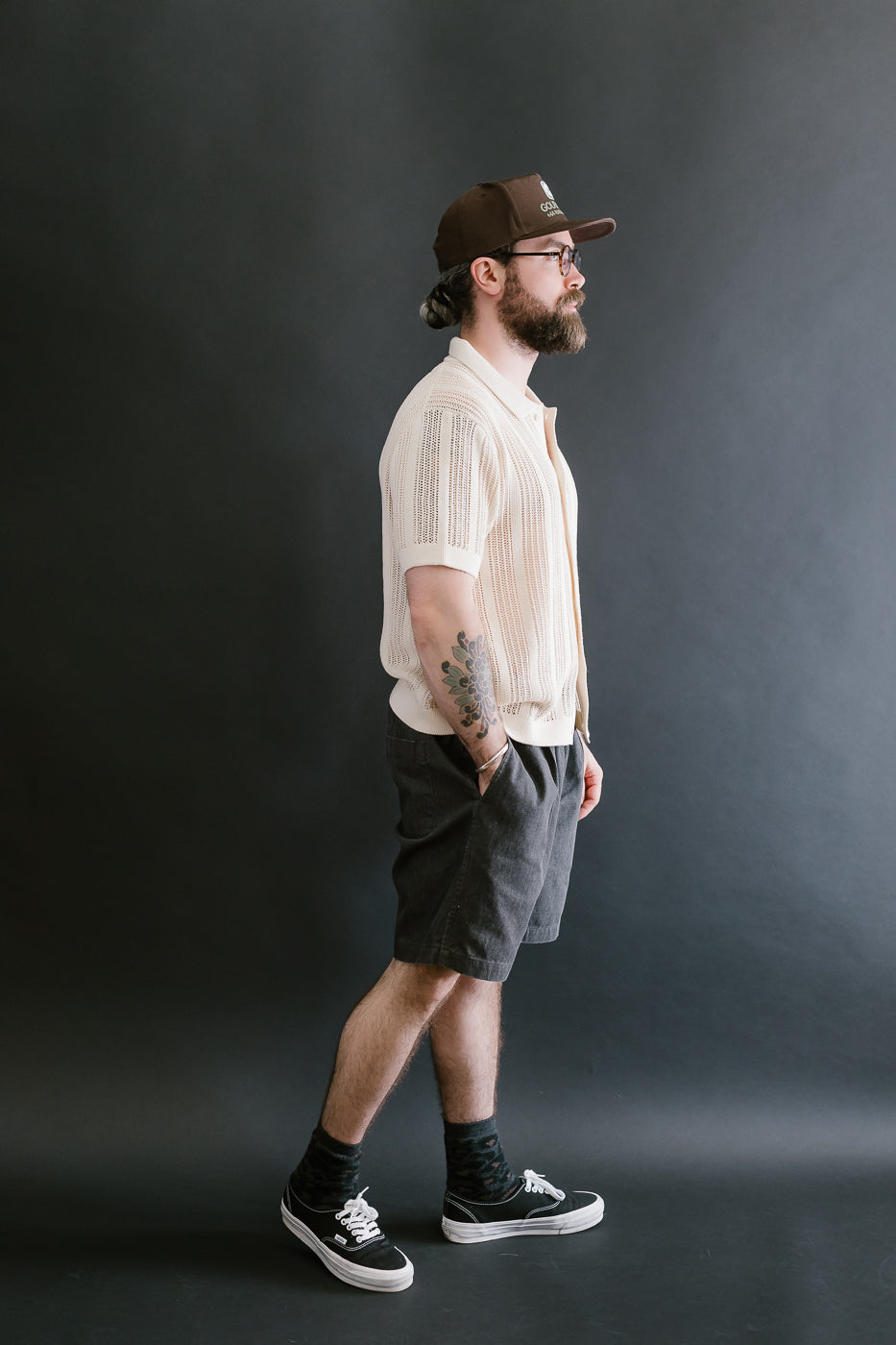 Short Sleeve Mesh Stripe Knit Shirt - Ecru