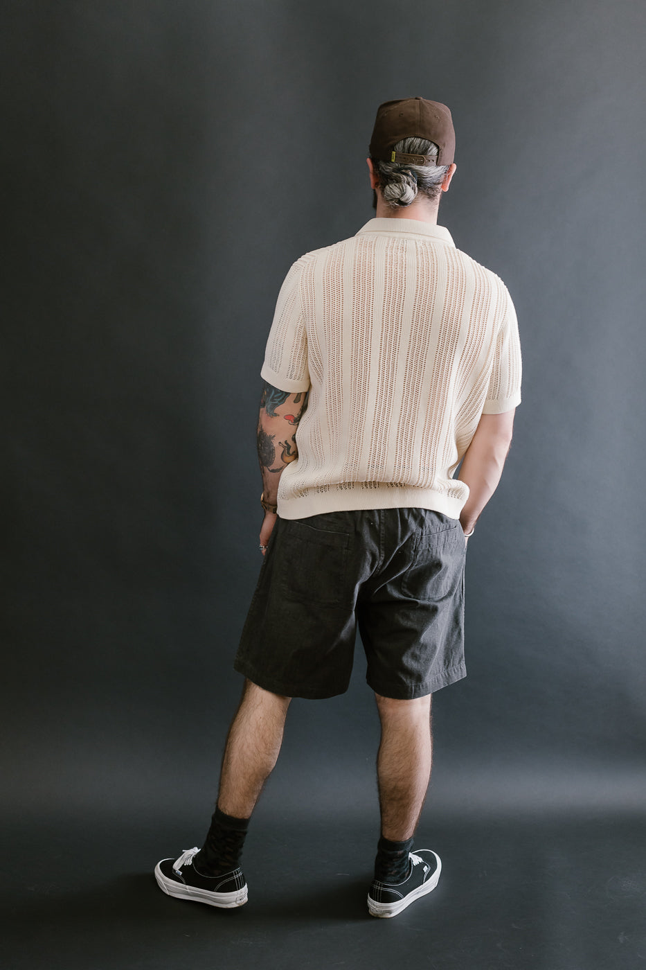 Short Sleeve Mesh Stripe Knit Shirt - Ecru