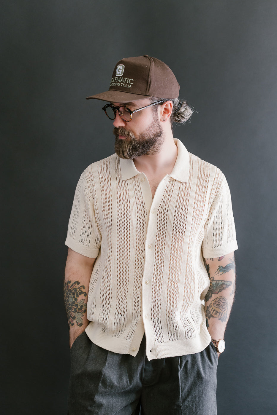 Short Sleeve Mesh Stripe Knit Shirt - Ecru