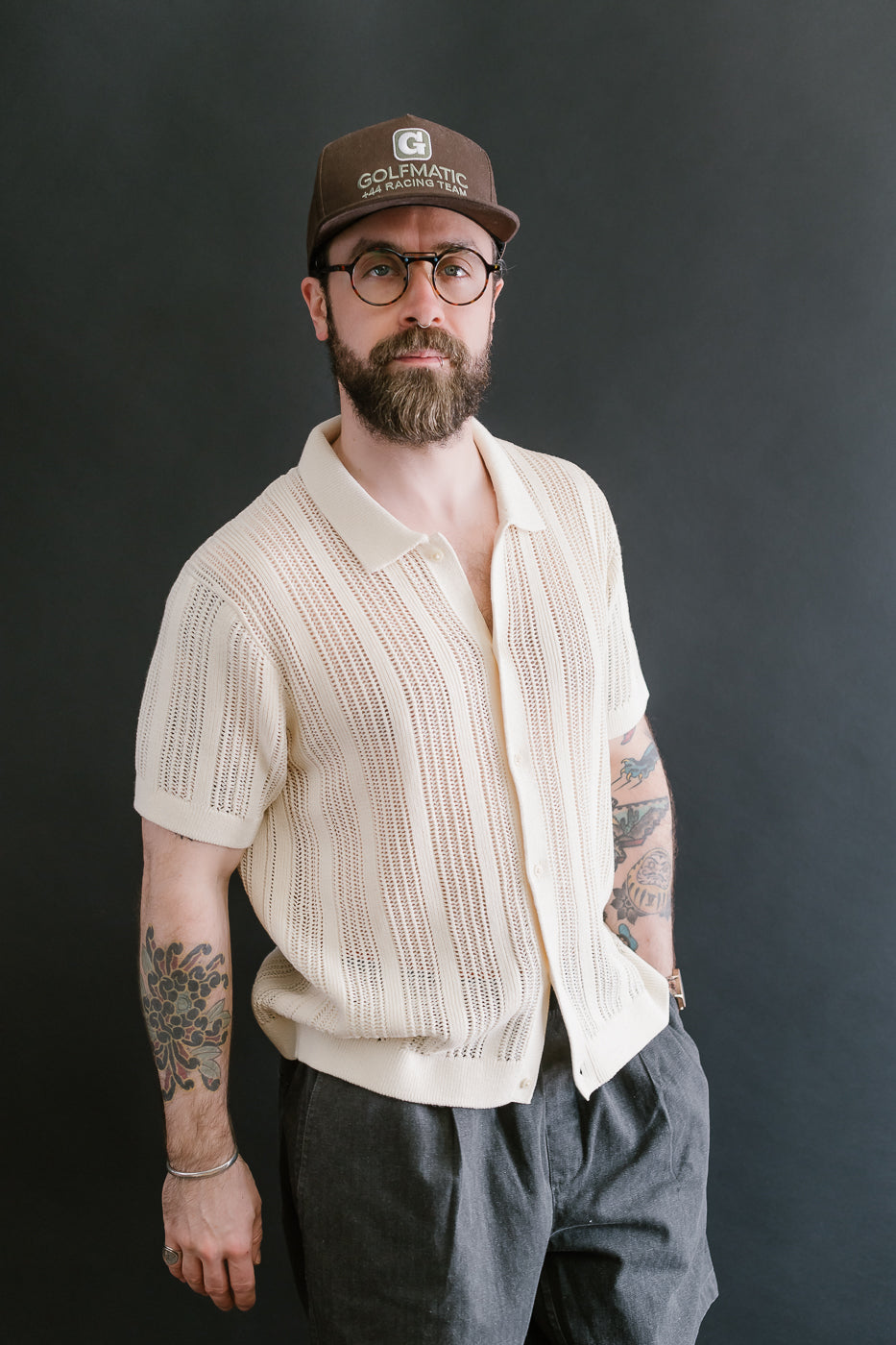 Short Sleeve Mesh Stripe Knit Shirt - Ecru