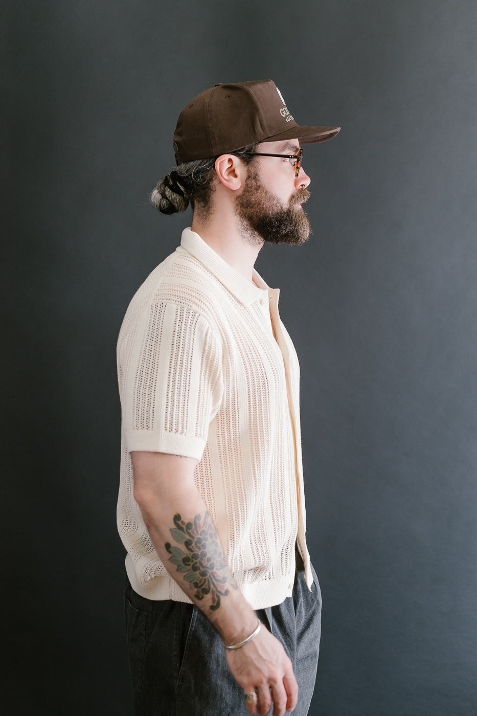 Short Sleeve Mesh Stripe Knit Shirt - Ecru
