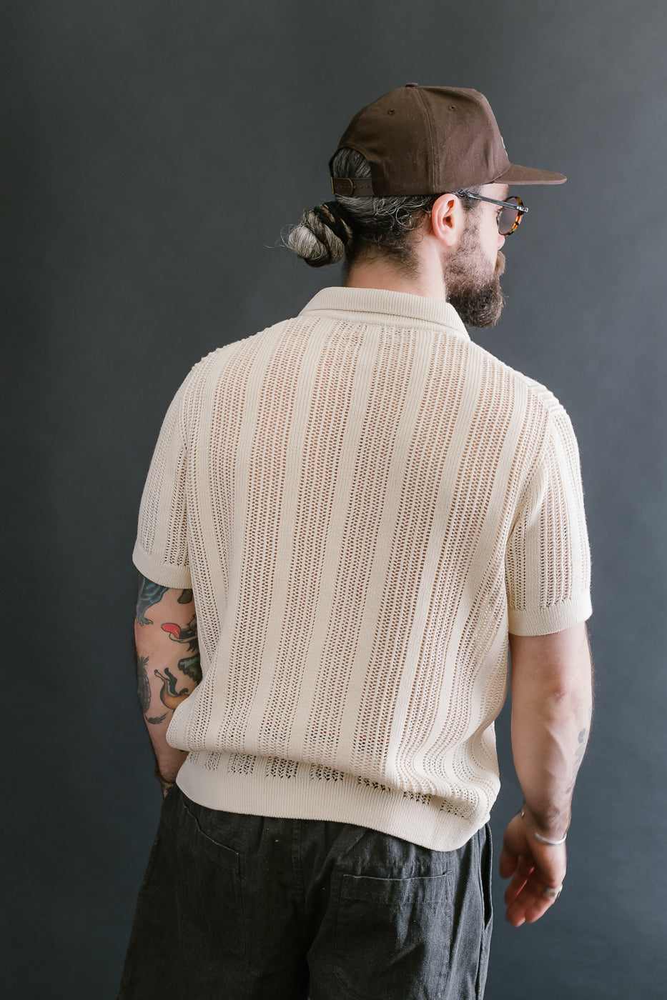 Short Sleeve Mesh Stripe Knit Shirt - Ecru