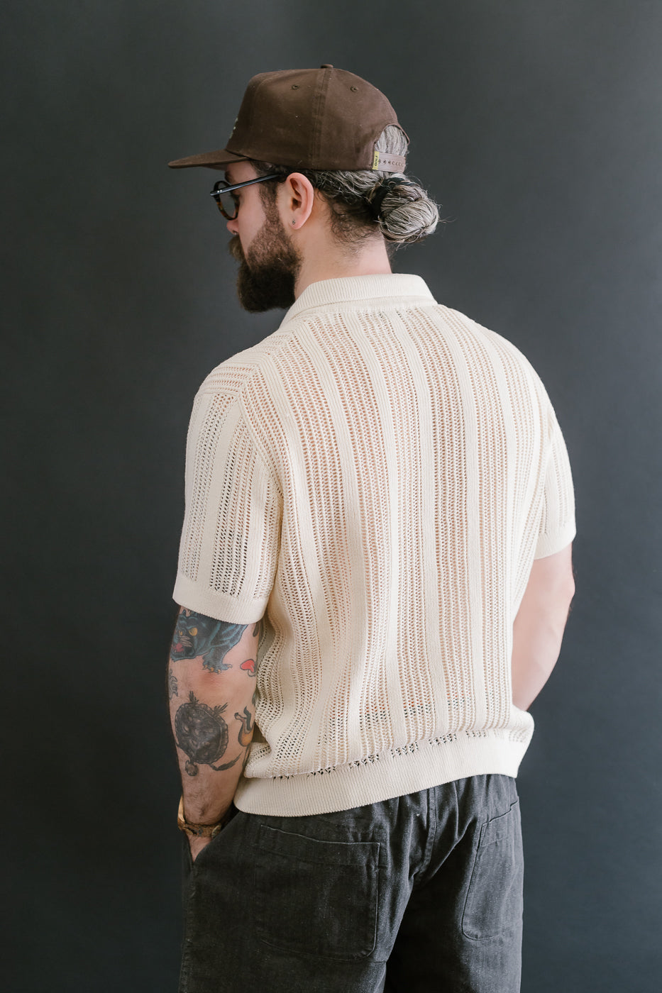 Short Sleeve Mesh Stripe Knit Shirt - Ecru
