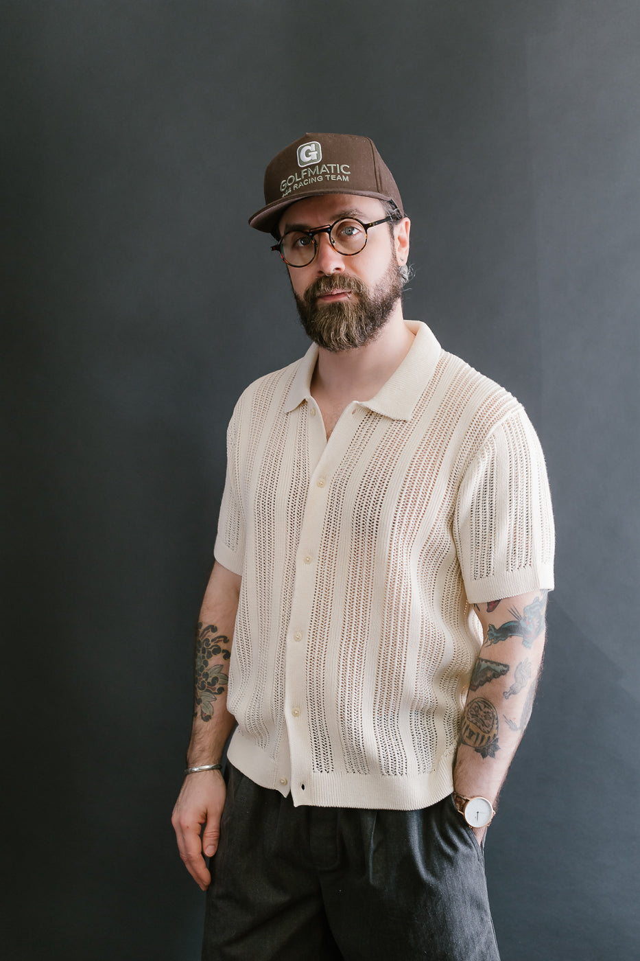 Short Sleeve Mesh Stripe Knit Shirt - Ecru