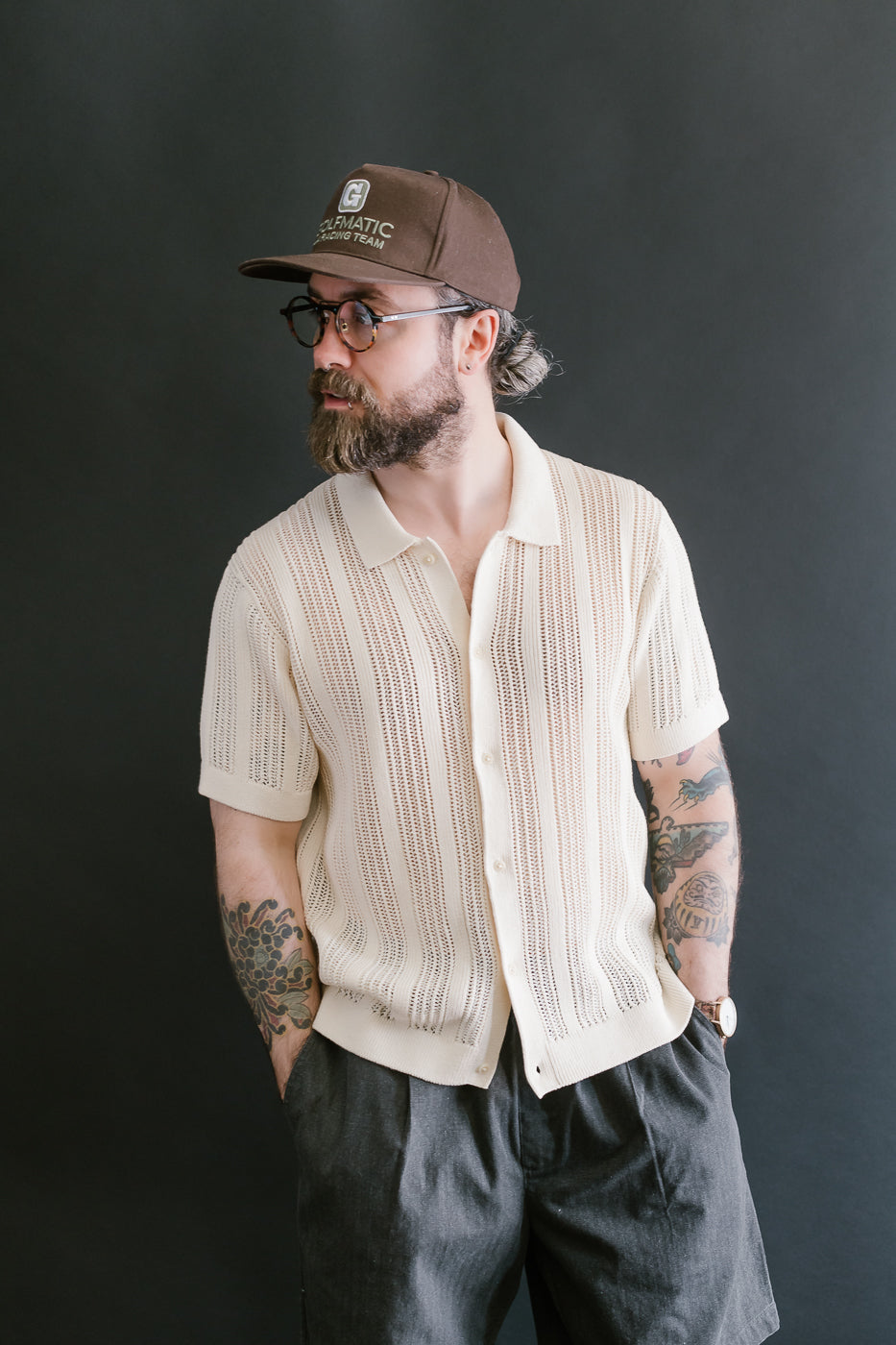 Short Sleeve Mesh Stripe Knit Shirt - Ecru