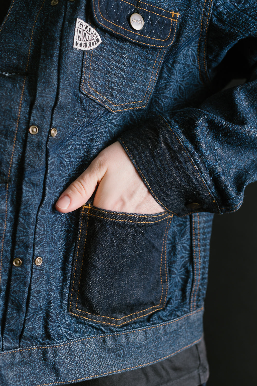 GZ-ENGJ-0609 - Embossed Denim Patchwork Jean Jacket - Indigo