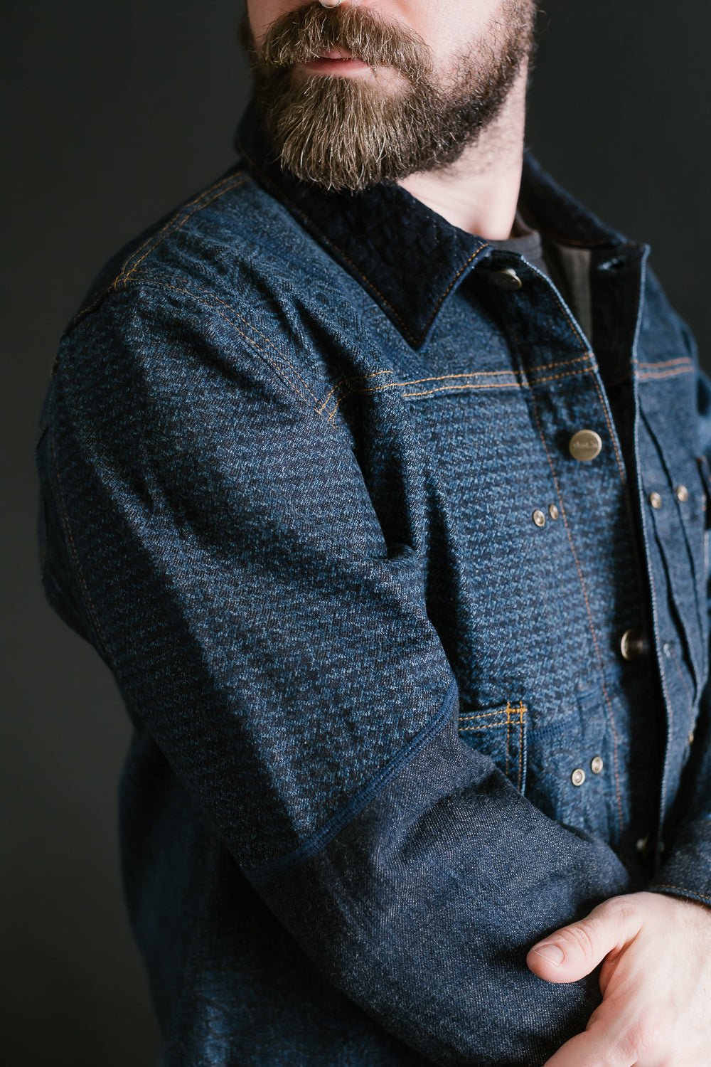 GZ-ENGJ-0609 - Embossed Denim Patchwork Jean Jacket - Indigo