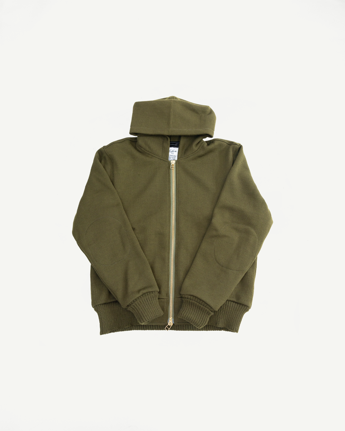 lay flat of olive green fully knitted zip up hoodie on white background, front view