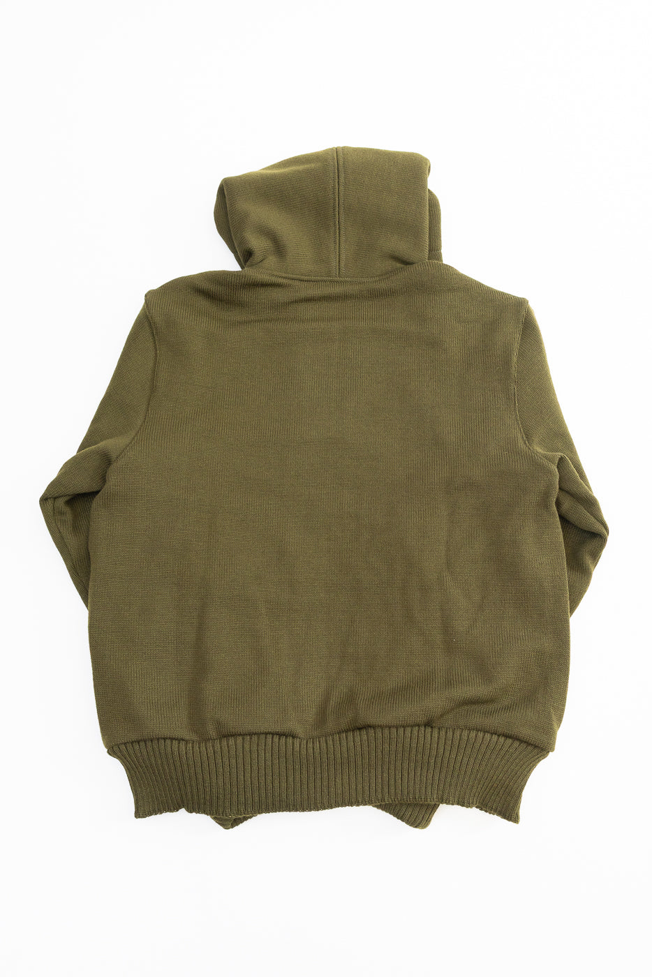 lay flat of olive green fully knitted zip up hoodie on white background, front view