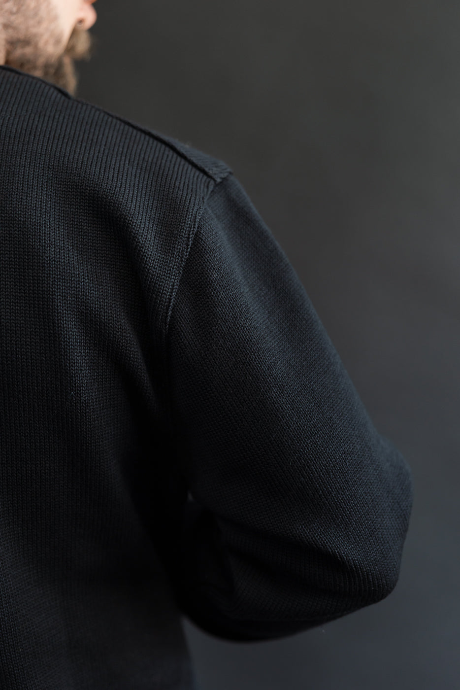 close up of shoulder seam from behind of black slouchy cardigan