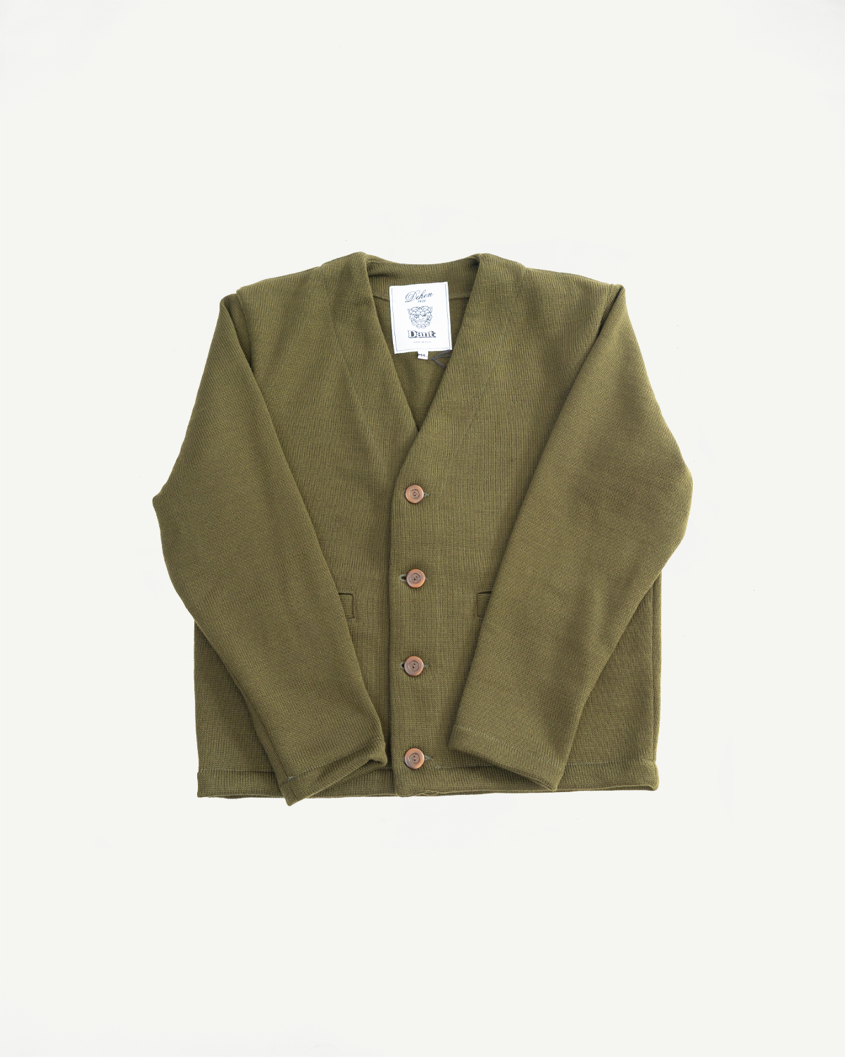 Green cardigan with brown buttons on a white background, full body