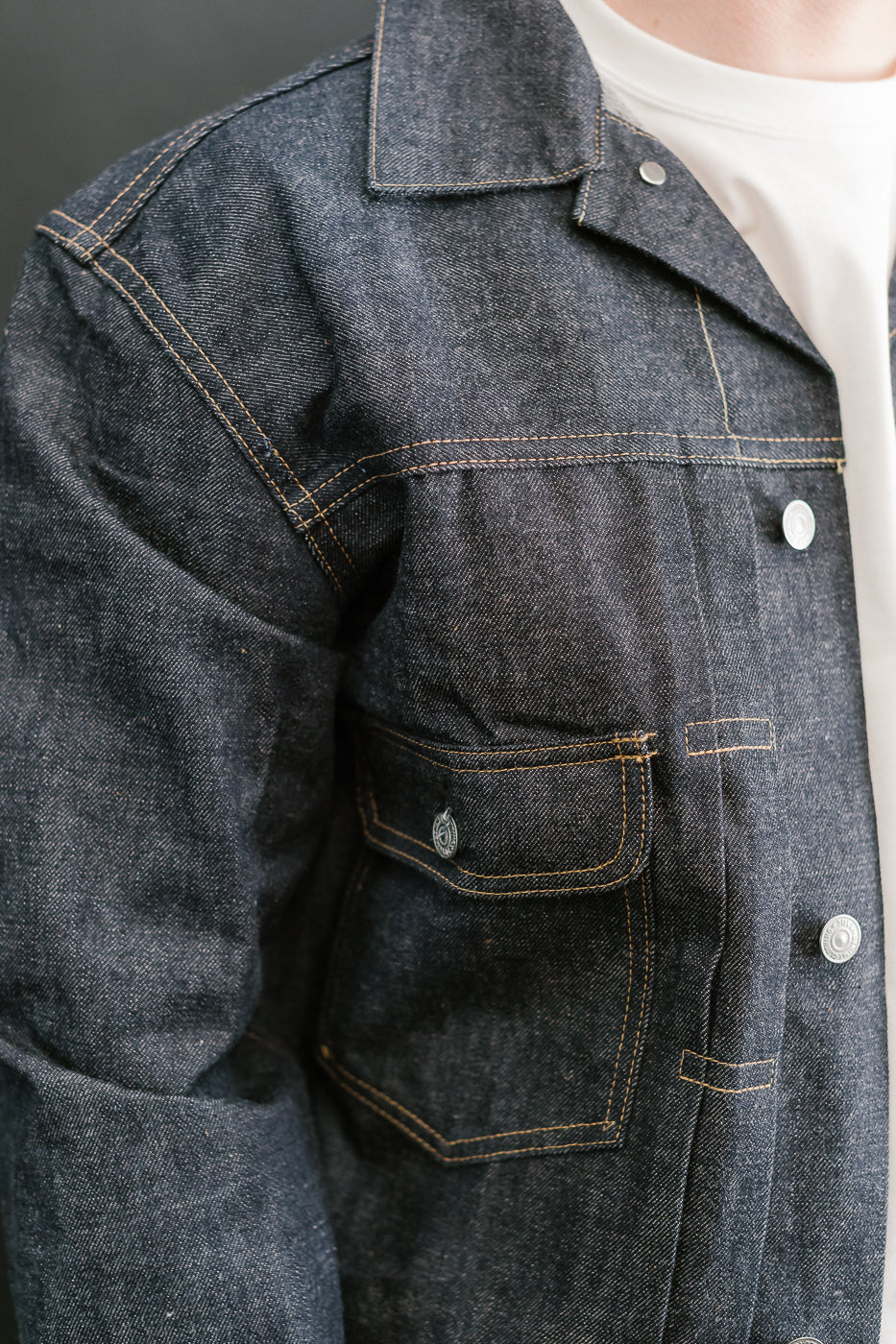 Close-up of a denim jacket with a white shirt underneath