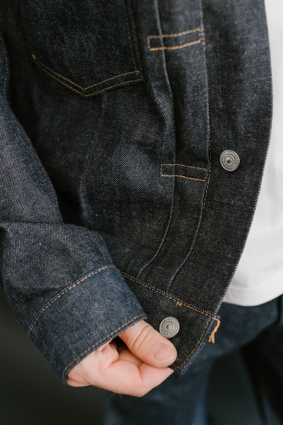 Close-up of a dark denim jacket with visible buttons and stitching.