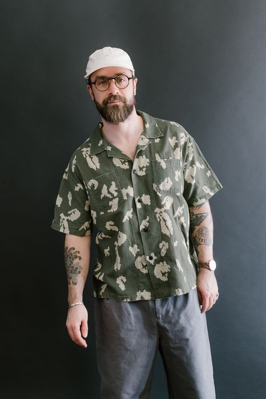 M-I-001 - Cloud Camo Mesh Aloha Shirt - Mint, Off White