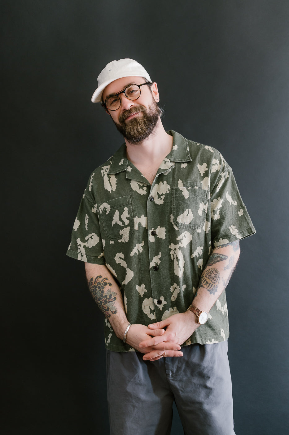 M-I-001 - Cloud Camo Mesh Aloha Shirt - Mint, Off White