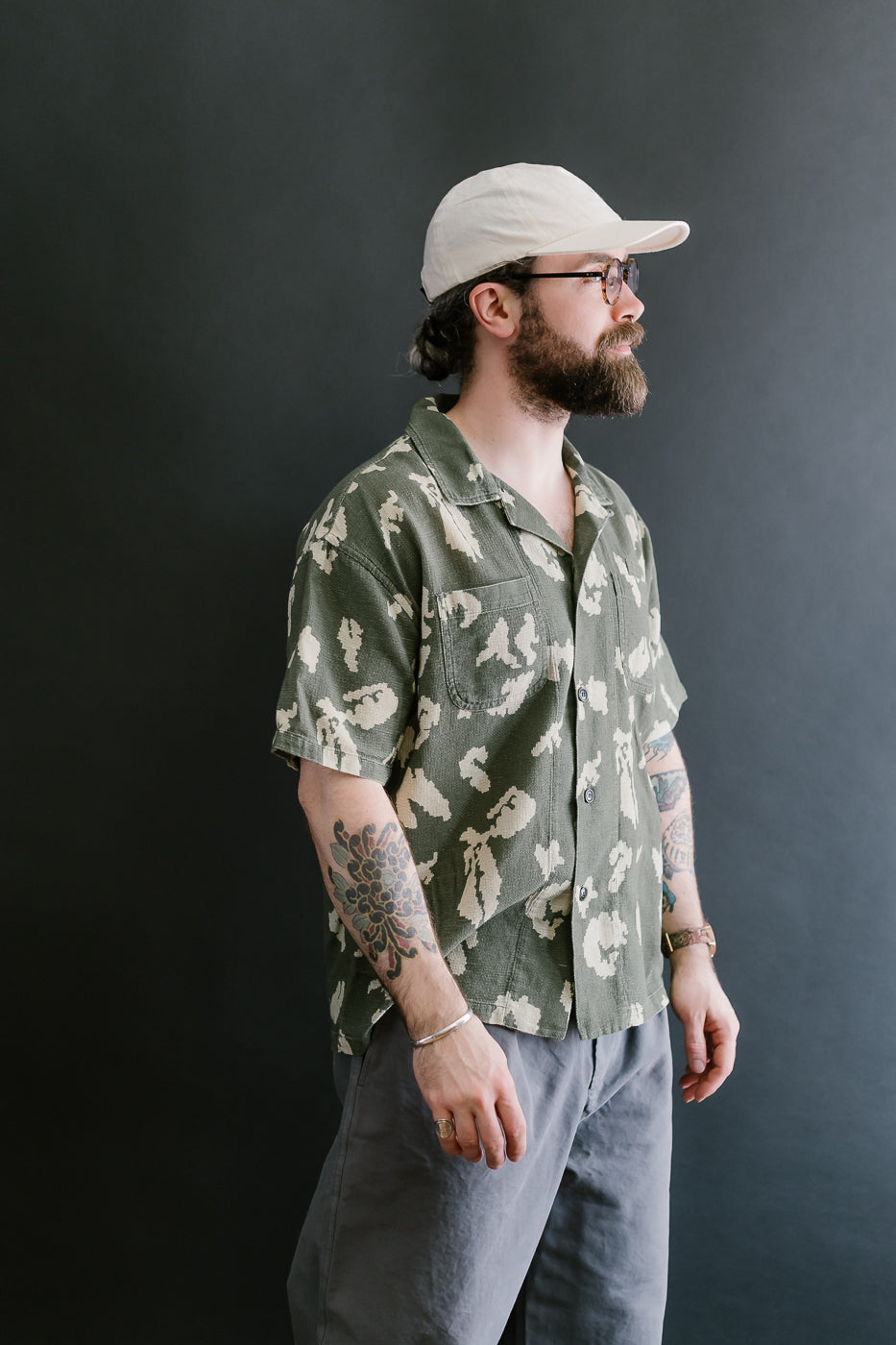 M-I-001 - Cloud Camo Mesh Aloha Shirt - Mint, Off White