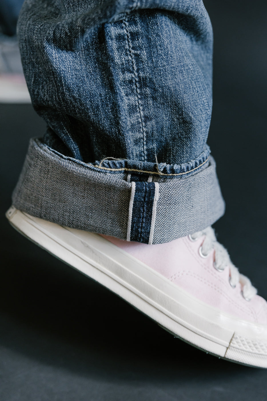 Close up of heavily washed denim jeans selvedge ID.
