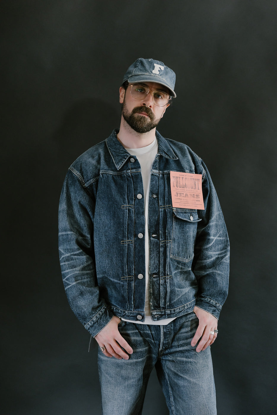 Bearded man wearing Heavily washed indigo denim jacket with a visible full count label on the left chest pocket, heavily washed jeans, and heavily washed hat with glasses. 3/4 length, back view.