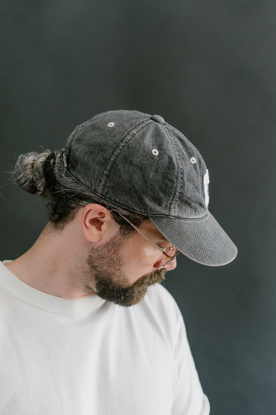 6843HW - 6 Panel Denim Baseball Cap 'F' Patch - Black Vintage Wash