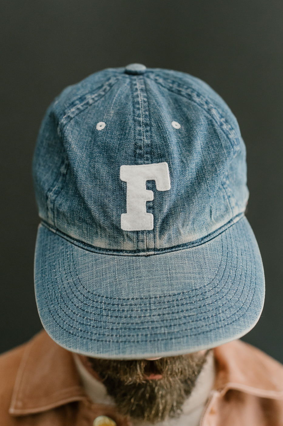 6843HW - 6 Panel Denim Baseball Cap 'F' Patch - Indigo Vintage Wash