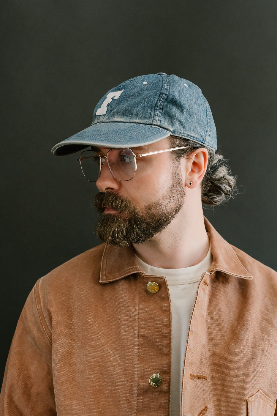 6843HW - 6 Panel Denim Baseball Cap 'F' Patch - Indigo Vintage Wash