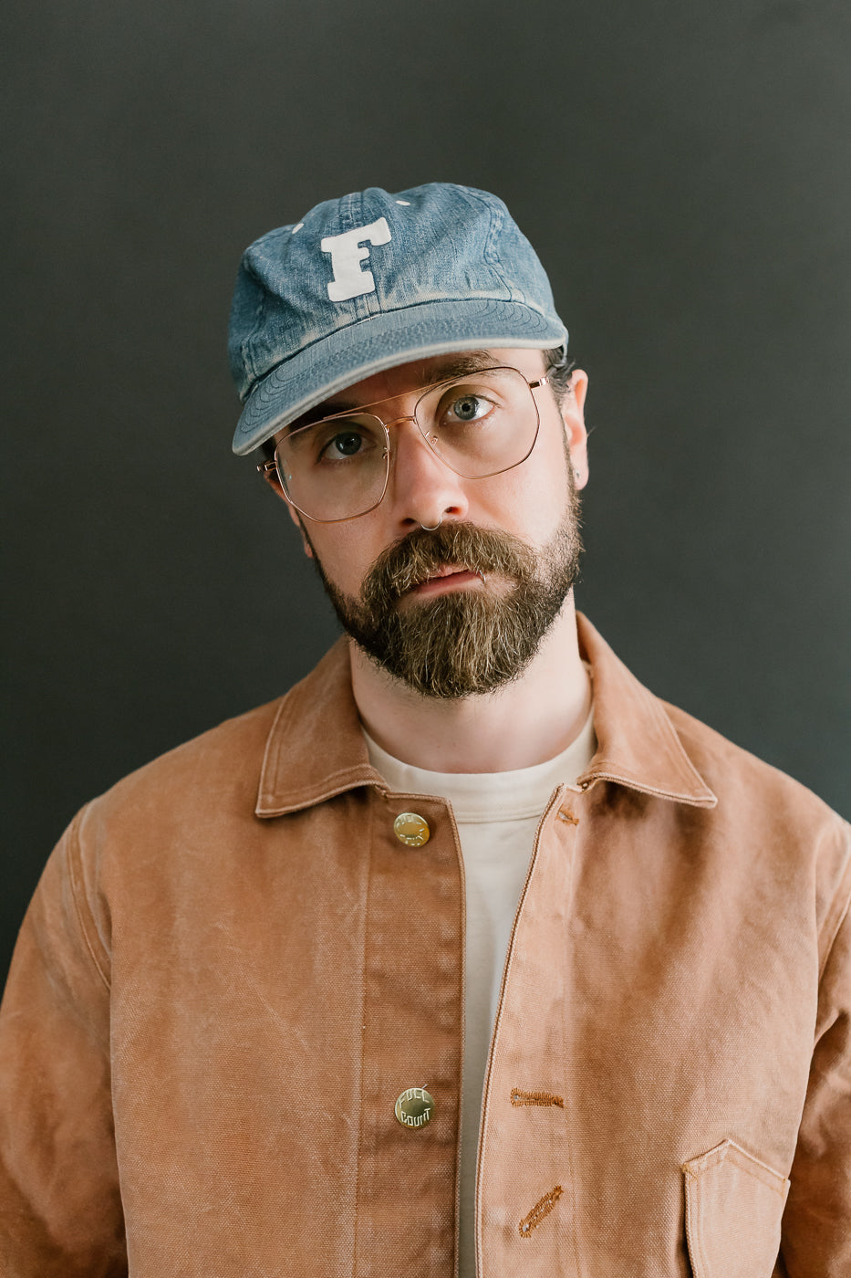6843HW - 6 Panel Denim Baseball Cap 'F' Patch - Indigo Vintage Wash