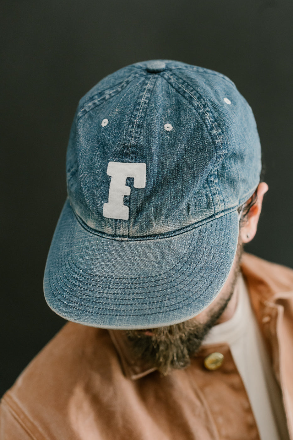 6843HW - 6 Panel Denim Baseball Cap 'F' Patch - Indigo Vintage Wash