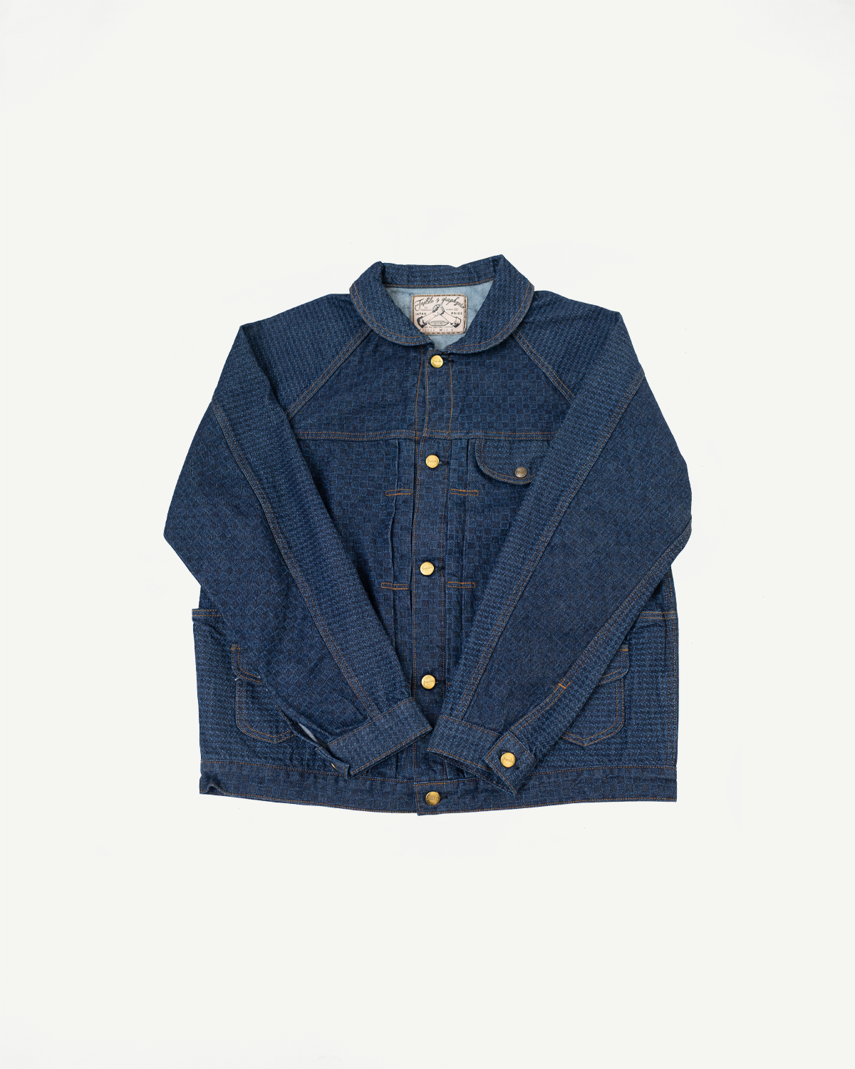 GZ-GJRG-0609 - Shawl Collar Raglan Embossed Checkers Jean Jacket - Indigo