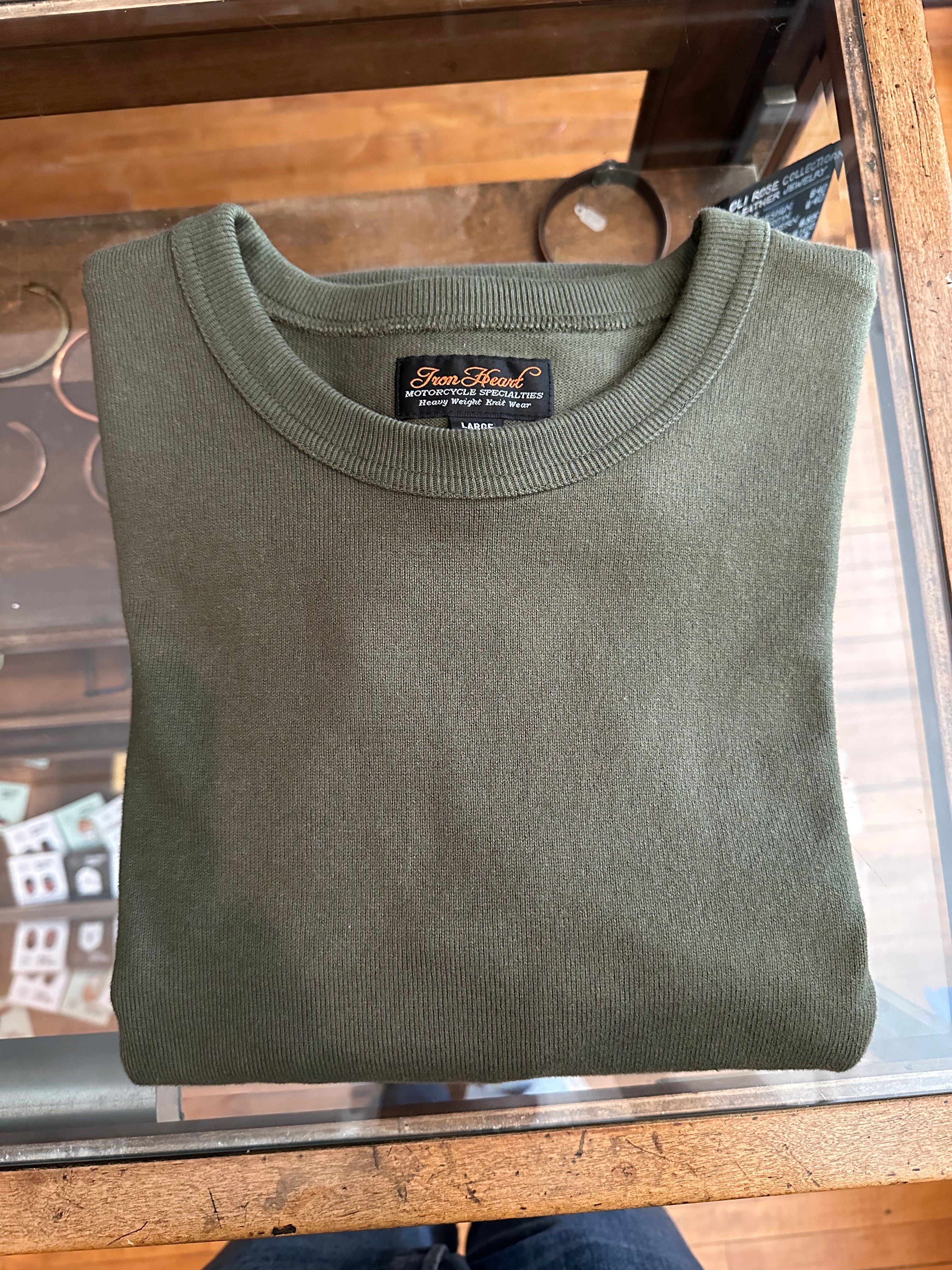 Gently Used Iron Heart 11oz Cotton Knit Long Sleeved Crew Neck Sweater - Olive - L