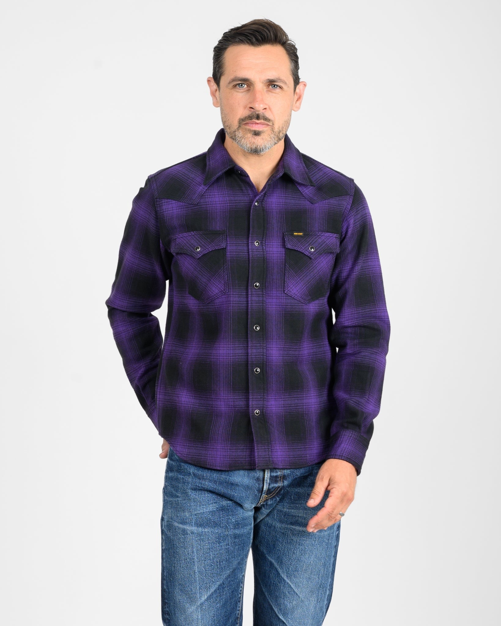 IHSH-264-PUR - Ultra Heavy Flannel Ombré Check Western Shirt - Purple/Black