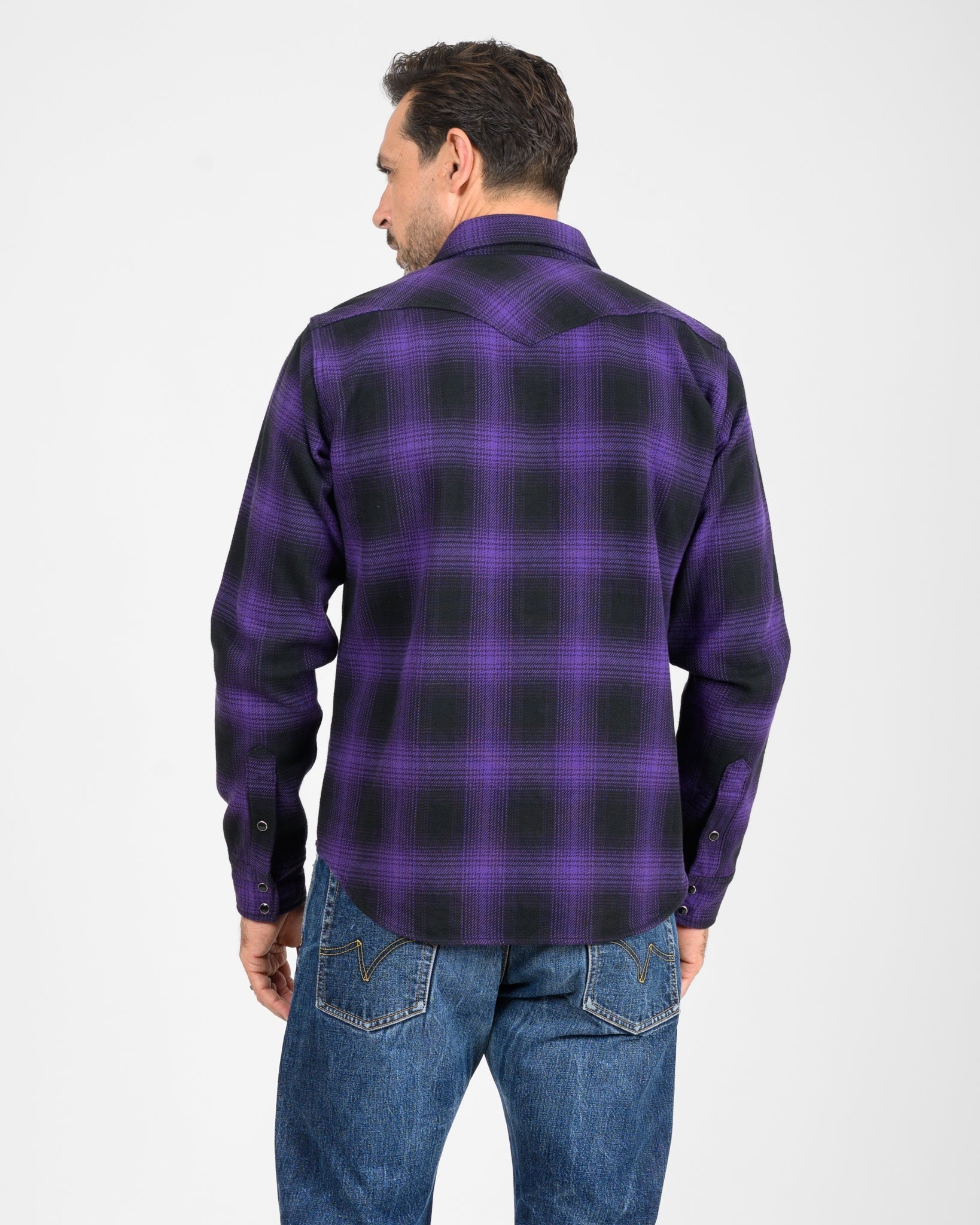 IHSH-264-PUR - Ultra Heavy Flannel Ombré Check Western Shirt - Purple/Black