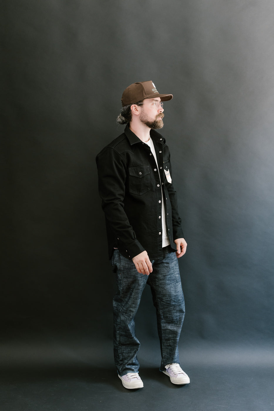 IHSH-295-BB - 14oz Selvedge Denim Western Shirt - Black, Black