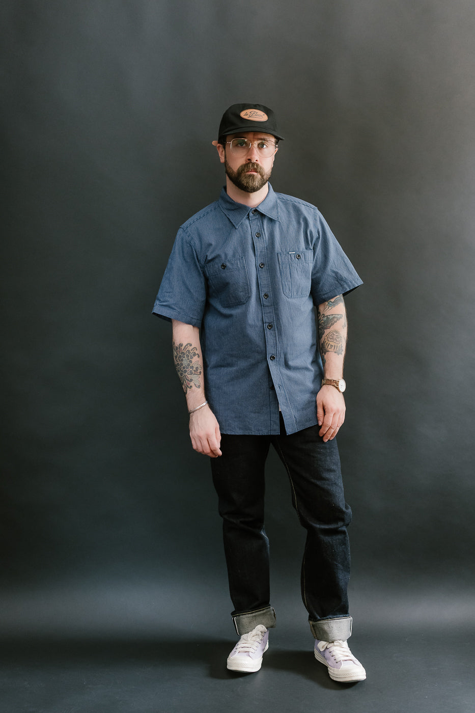 IHSH-420-PIN - 5oz Selvedge OX Cloth Short Sleeve Work Shirt - Pinstripe