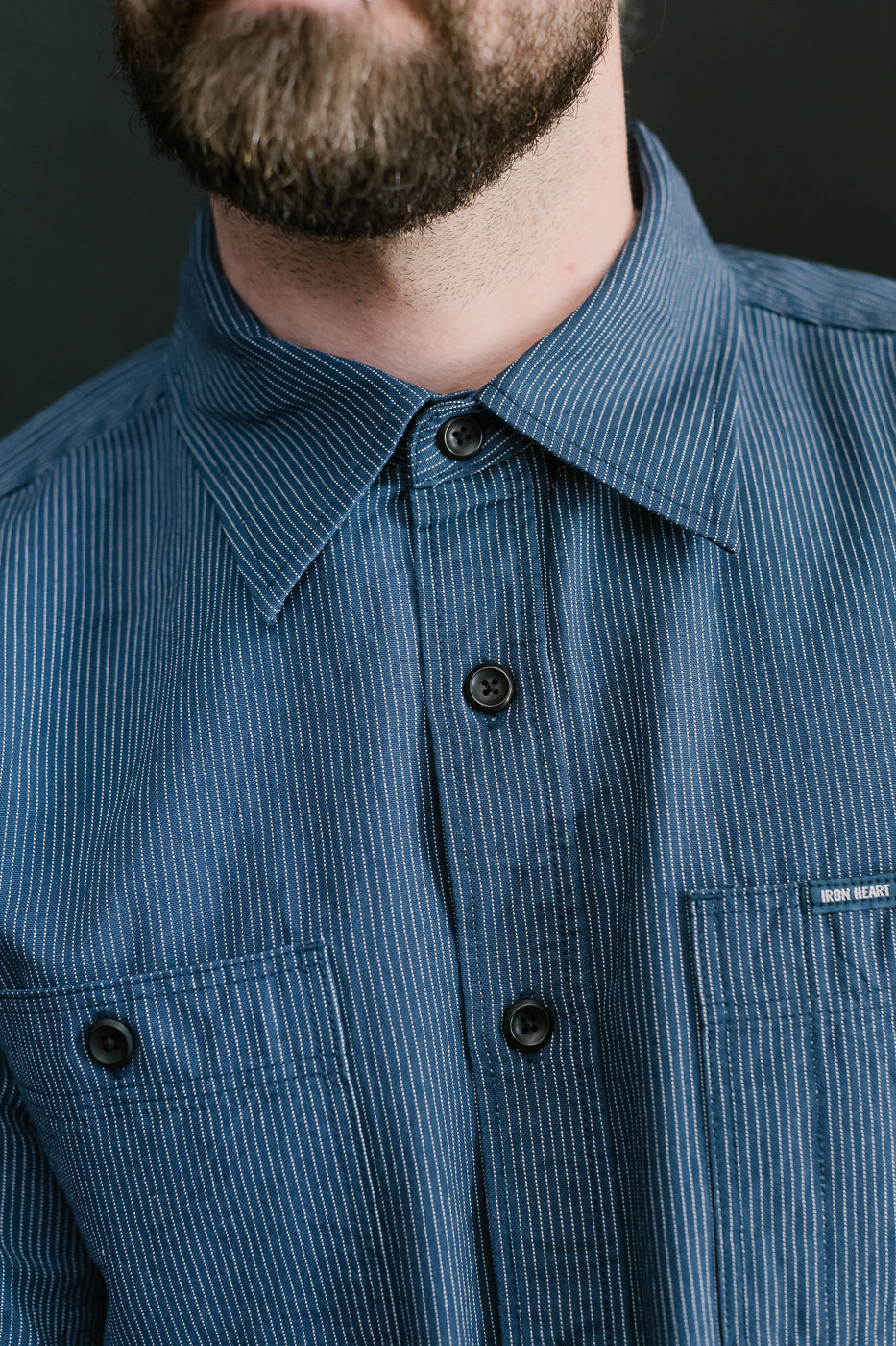 IHSH-420-PIN - 5oz Selvedge OX Cloth Short Sleeve Work Shirt - Pinstripe