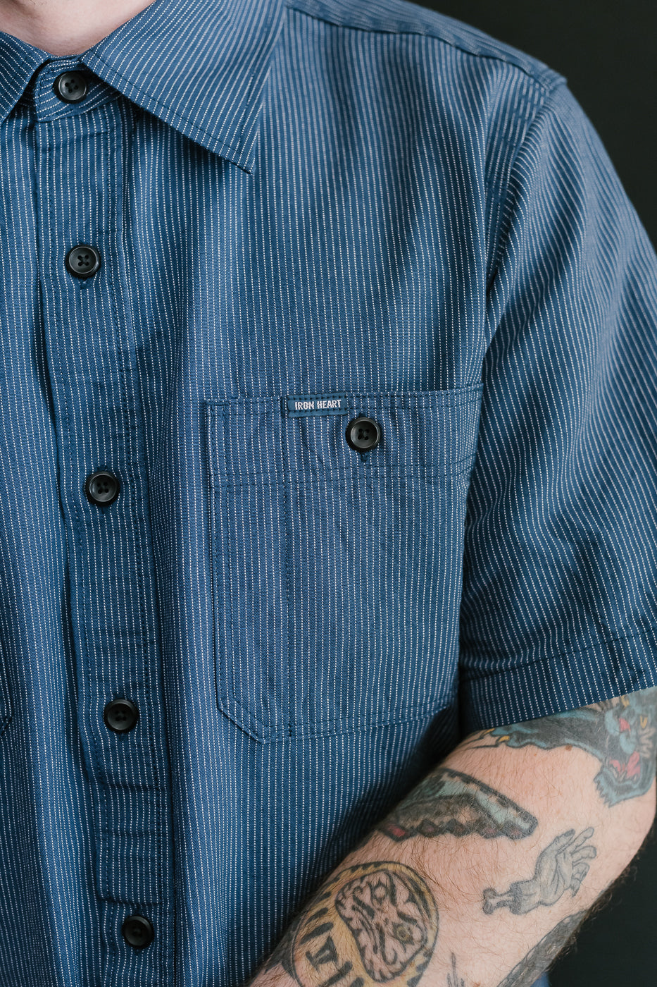 IHSH-420-PIN - 5oz Selvedge OX Cloth Short Sleeve Work Shirt - Pinstripe