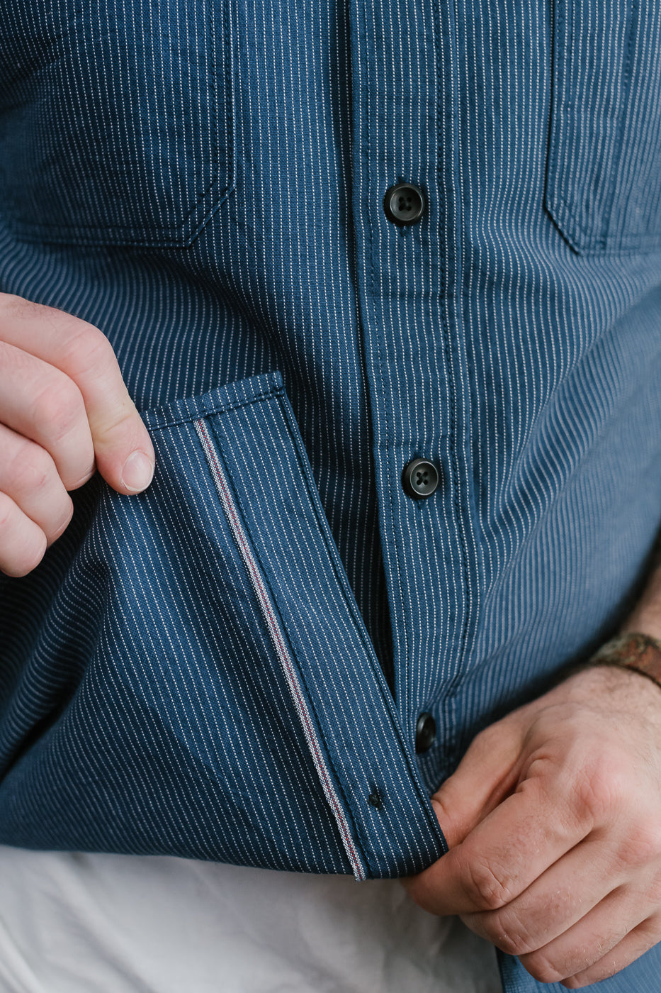 IHSH-420-PIN - 5oz Selvedge OX Cloth Short Sleeve Work Shirt - Pinstripe
