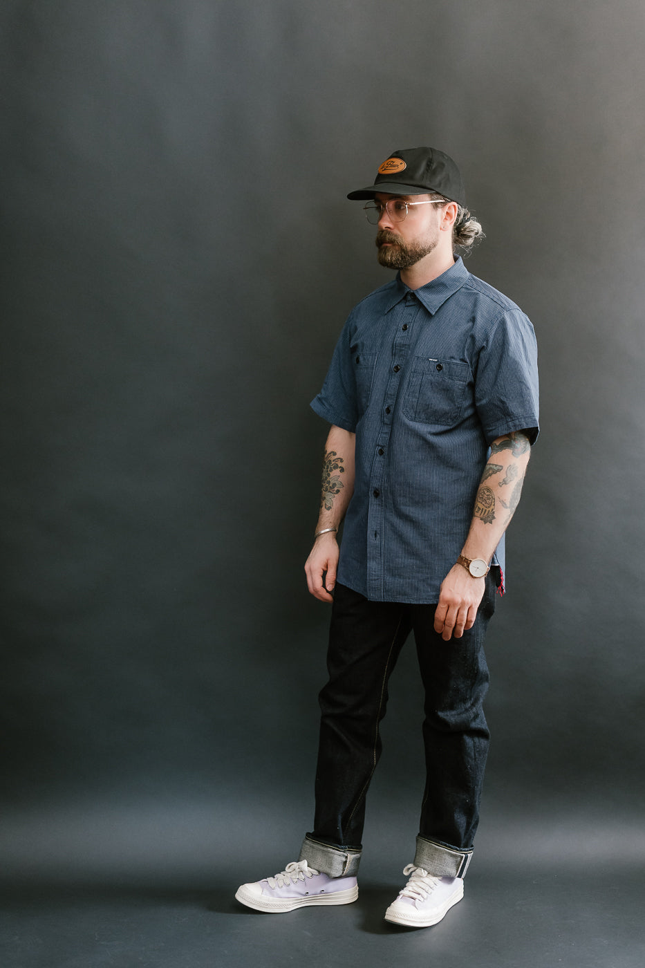 IHSH-420-PIN - 5oz Selvedge OX Cloth Short Sleeve Work Shirt - Pinstripe
