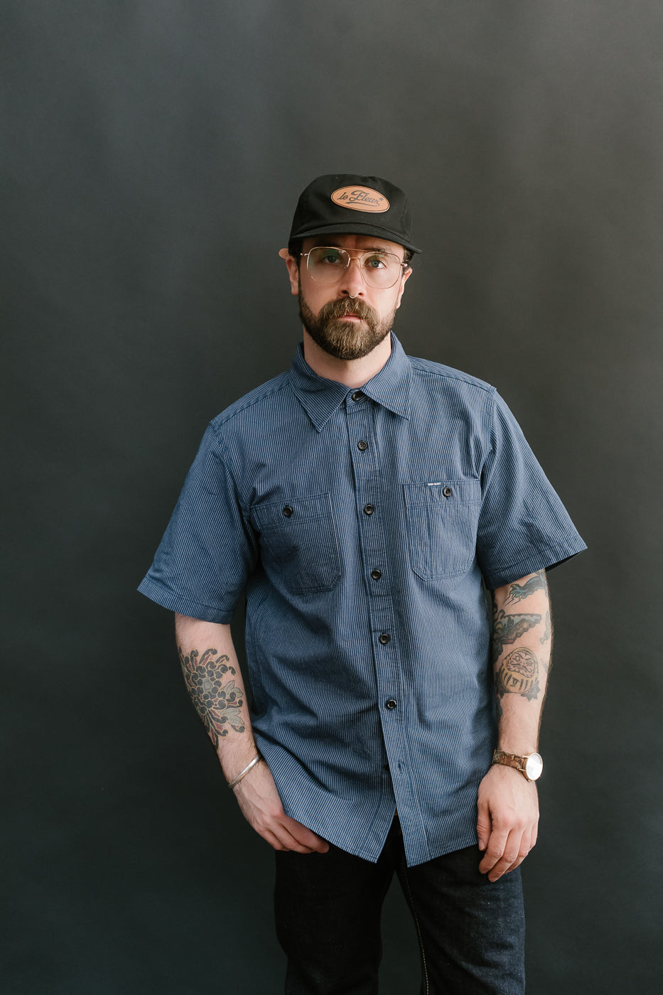 IHSH-420-PIN - 5oz Selvedge OX Cloth Short Sleeve Work Shirt - Pinstripe