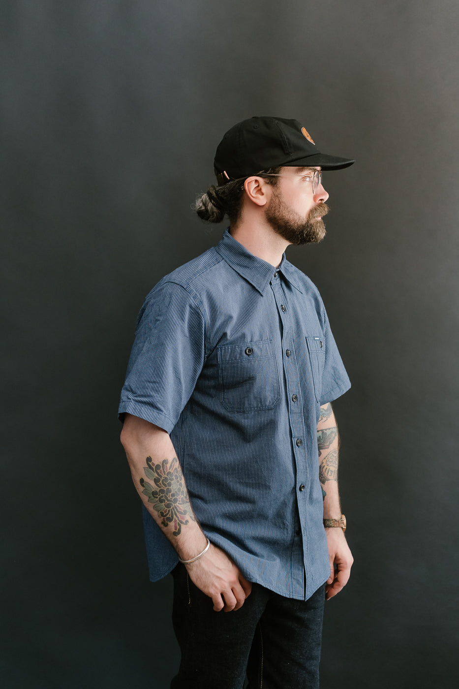 IHSH-420-PIN - 5oz Selvedge OX Cloth Short Sleeve Work Shirt - Pinstripe