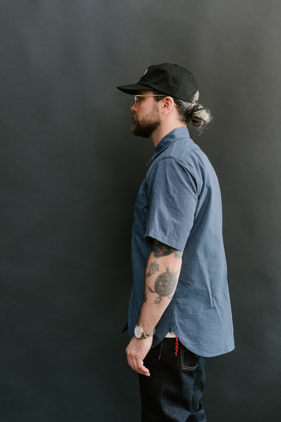 IHSH-420-PIN - 5oz Selvedge OX Cloth Short Sleeve Work Shirt - Pinstripe