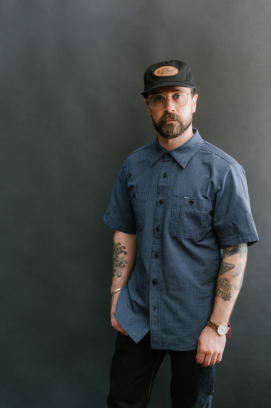 IHSH-420-PIN - 5oz Selvedge OX Cloth Short Sleeve Work Shirt - Pinstripe
