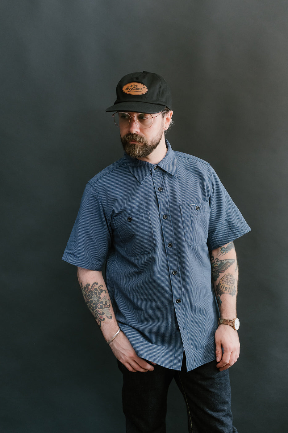 IHSH-420-PIN - 5oz Selvedge OX Cloth Short Sleeve Work Shirt - Pinstripe