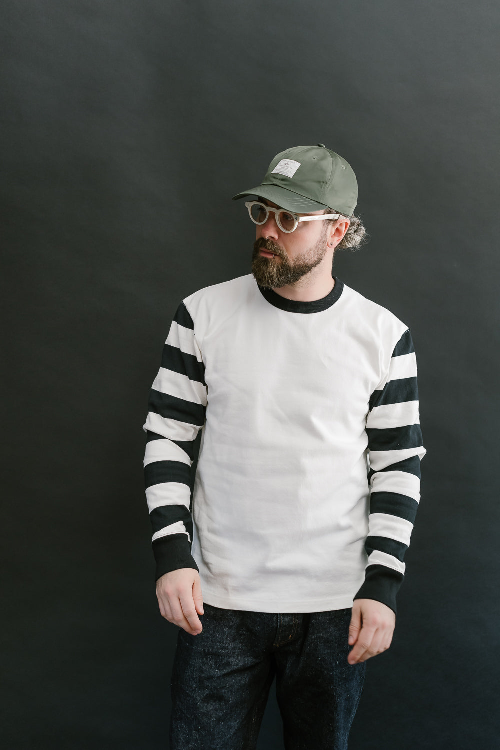 IHTB-12-WHT - 11oz Cotton Knit Long-Sleeved Sweater - White Body, Black Stripes