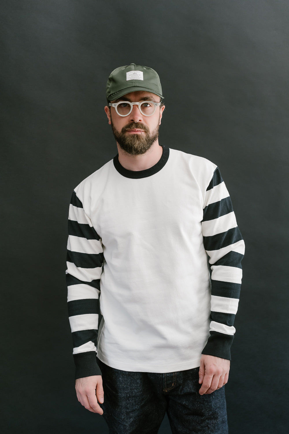 IHTB-12-WHT - 11oz Cotton Knit Long-Sleeved Sweater - White Body, Black Stripes