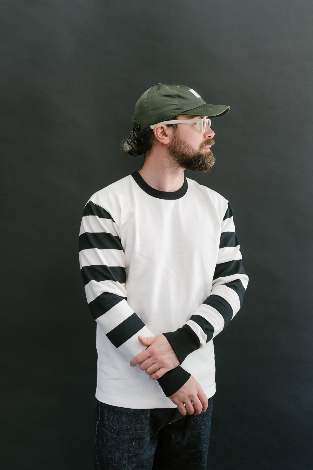 IHTB-12-WHT - 11oz Cotton Knit Long-Sleeved Sweater - White Body, Black Stripes