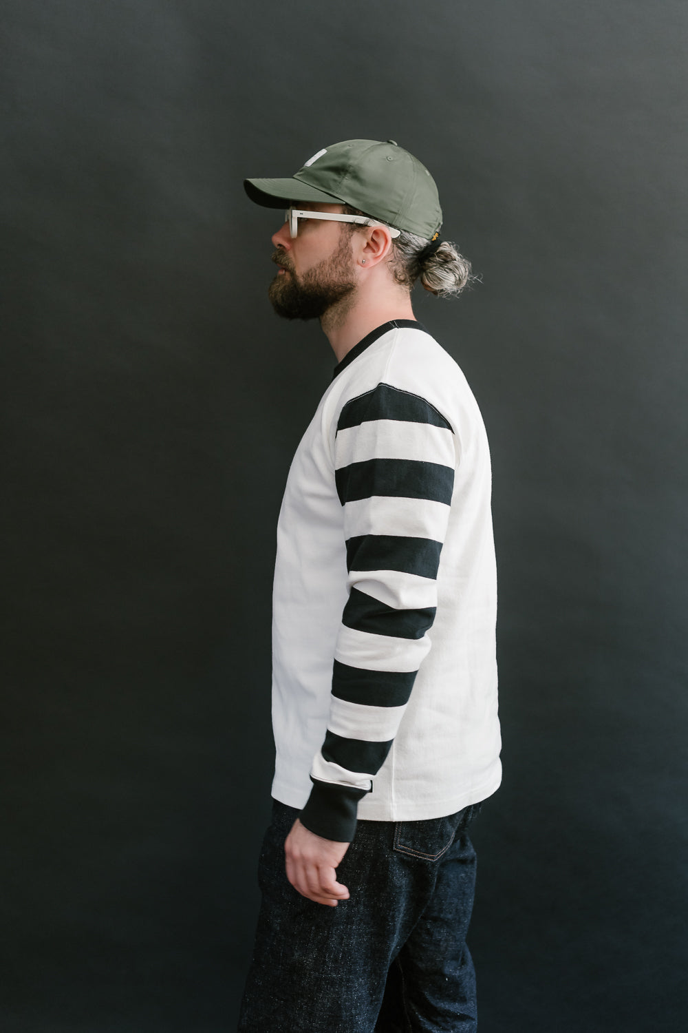 IHTB-12-WHT - 11oz Cotton Knit Long-Sleeved Sweater - White Body, Black Stripes